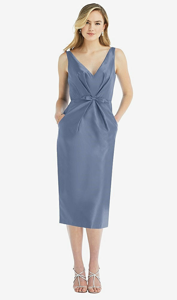 Front View - Larkspur Blue Sleeveless Bow-Waist Pleated Satin Pencil Dress with Pockets