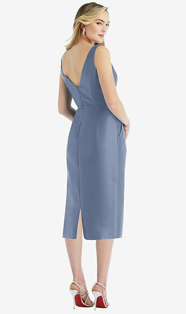 Back View - Larkspur Blue Sleeveless Bow-Waist Pleated Satin Pencil Dress with Pockets