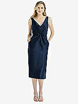 Front View Thumbnail - Midnight Navy Sleeveless Bow-Waist Pleated Satin Pencil Dress with Pockets