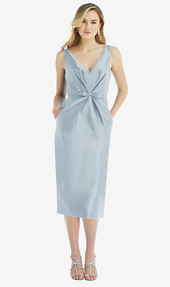Front View - Mist Sleeveless Bow-Waist Pleated Satin Pencil Dress with Pockets
