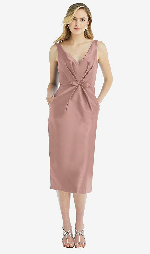 Front View - Neu Nude Sleeveless Bow-Waist Pleated Satin Pencil Dress with Pockets