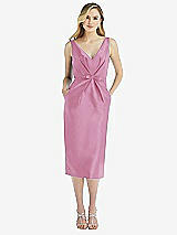 Front View Thumbnail - Powder Pink Sleeveless Bow-Waist Pleated Satin Pencil Dress with Pockets