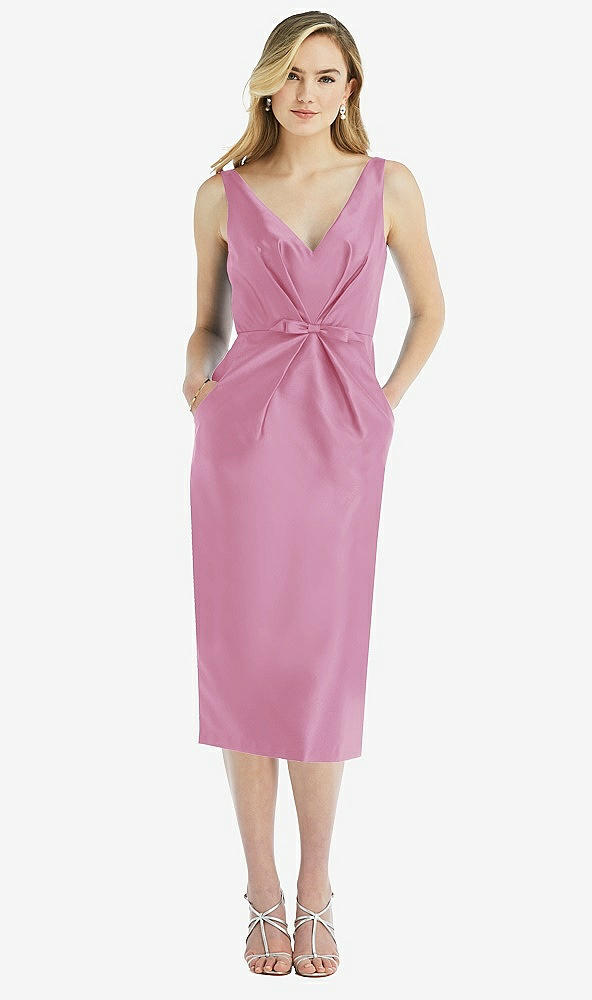 Front View - Powder Pink Sleeveless Bow-Waist Pleated Satin Pencil Dress with Pockets