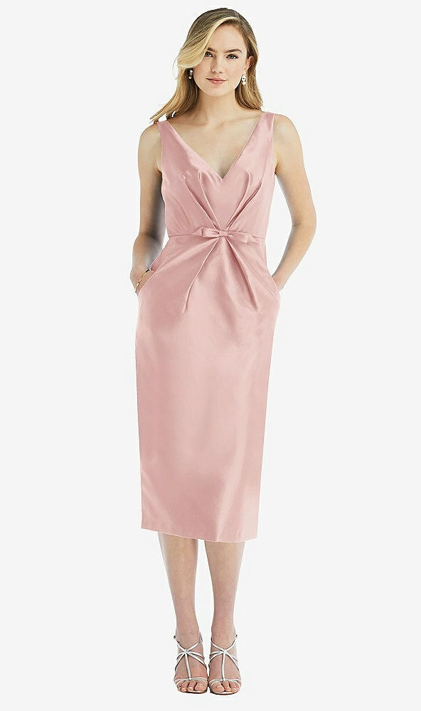 Front View - Rose Sleeveless Bow-Waist Pleated Satin Pencil Dress with Pockets