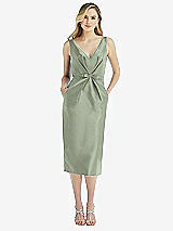Front View Thumbnail - Sage Sleeveless Bow-Waist Pleated Satin Pencil Dress with Pockets