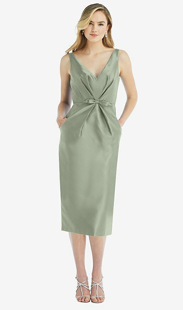 Front View - Sage Sleeveless Bow-Waist Pleated Satin Pencil Dress with Pockets