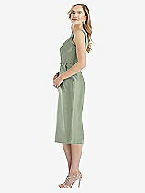 Side View Thumbnail - Sage Sleeveless Bow-Waist Pleated Satin Pencil Dress with Pockets