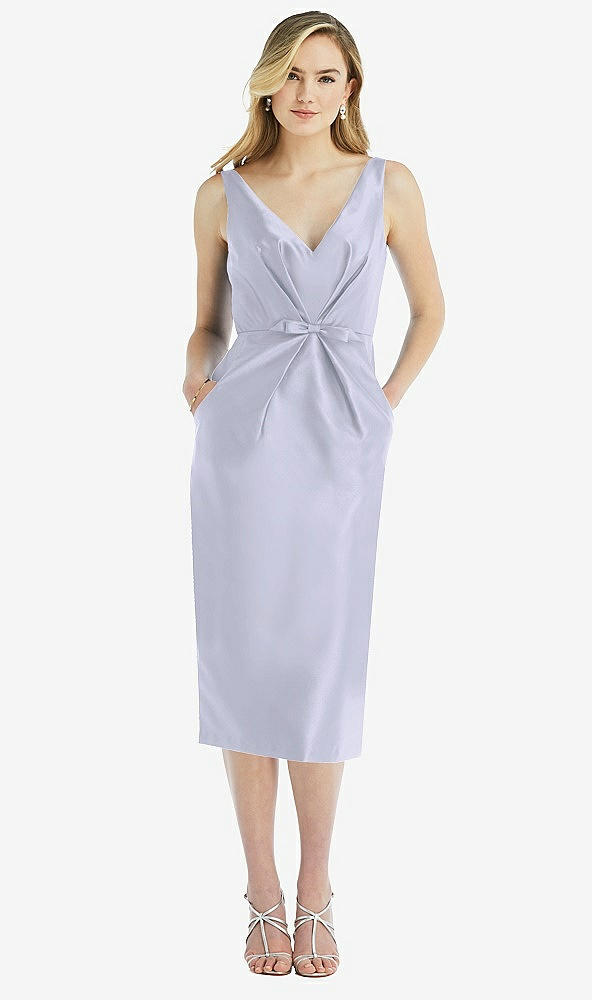 Front View - Silver Dove Sleeveless Bow-Waist Pleated Satin Pencil Dress with Pockets
