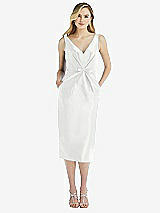 Front View Thumbnail - White Sleeveless Bow-Waist Pleated Satin Pencil Dress with Pockets