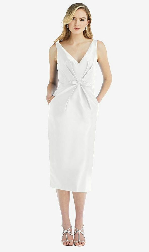 Front View - White Sleeveless Bow-Waist Pleated Satin Pencil Dress with Pockets