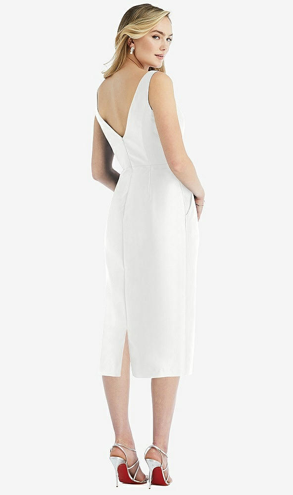 Back View - White Sleeveless Bow-Waist Pleated Satin Pencil Dress with Pockets