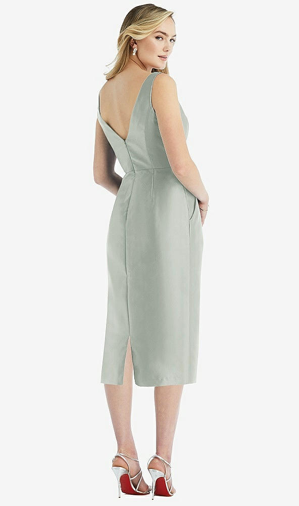 Back View - Willow Green Sleeveless Bow-Waist Pleated Satin Pencil Dress with Pockets