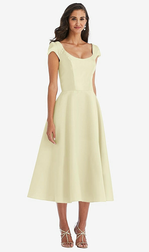Front View - Butter Yellow Puff Cap Sleeve Full Skirt Satin Midi Dress