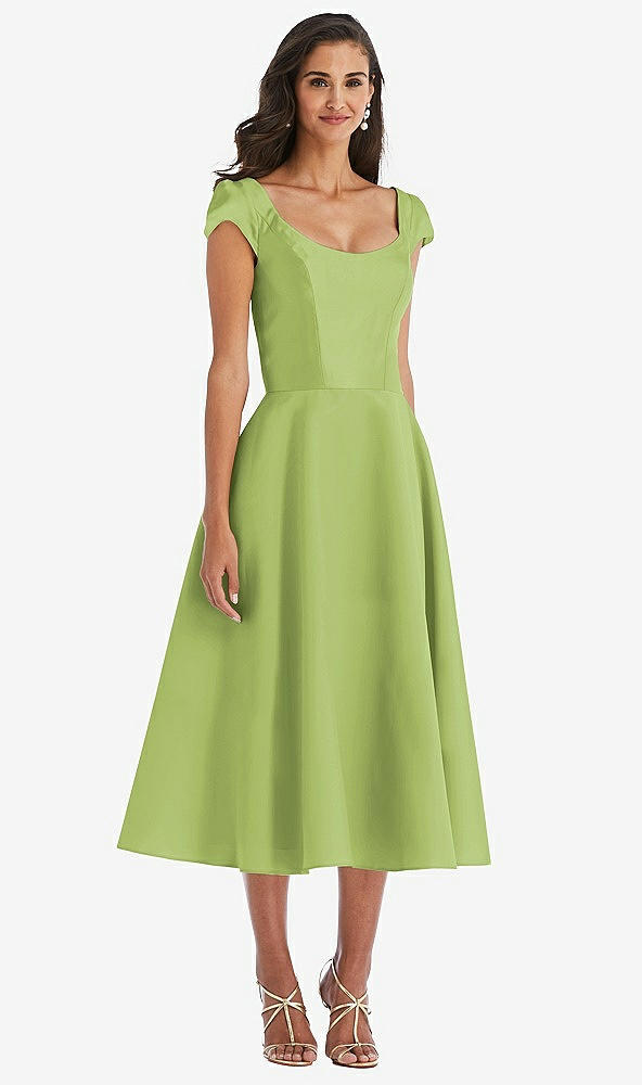 Front View - Mojito Puff Cap Sleeve Full Skirt Satin Midi Dress