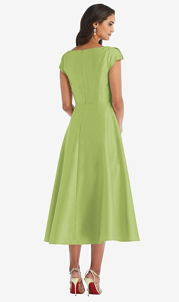 Back View - Mojito Puff Cap Sleeve Full Skirt Satin Midi Dress