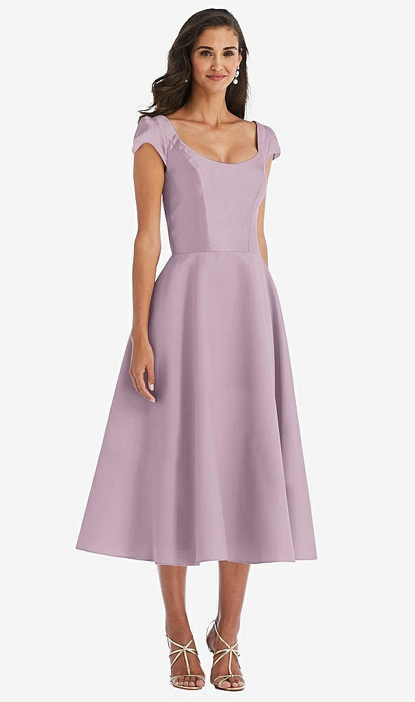 Front View - Suede Rose Puff Cap Sleeve Full Skirt Satin Midi Dress
