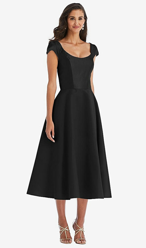 Front View - Black Puff Cap Sleeve Full Skirt Satin Midi Dress