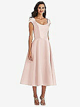 Front View Thumbnail - Blush Puff Cap Sleeve Full Skirt Satin Midi Dress