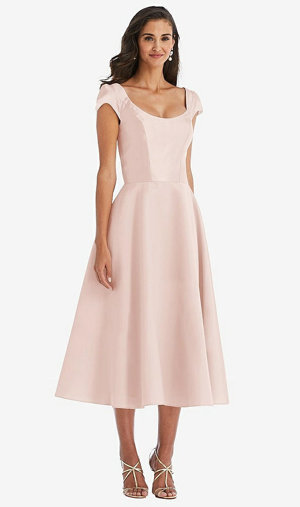 Front View - Blush Puff Cap Sleeve Full Skirt Satin Midi Dress