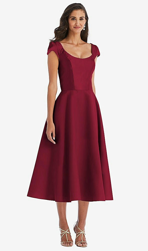 Front View - Burgundy Puff Cap Sleeve Full Skirt Satin Midi Dress