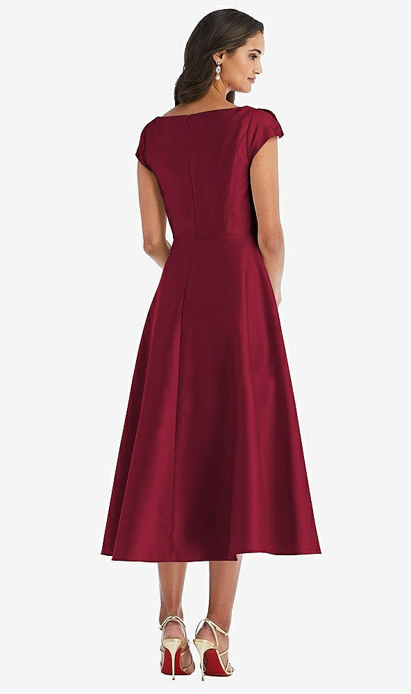 Back View - Burgundy Puff Cap Sleeve Full Skirt Satin Midi Dress