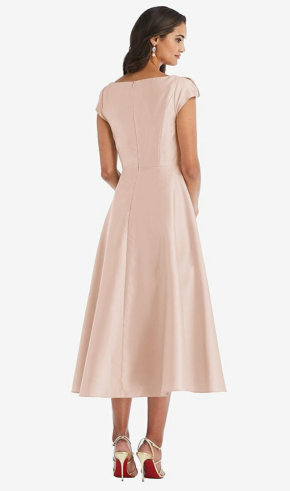 Back View - Cameo Puff Cap Sleeve Full Skirt Satin Midi Dress
