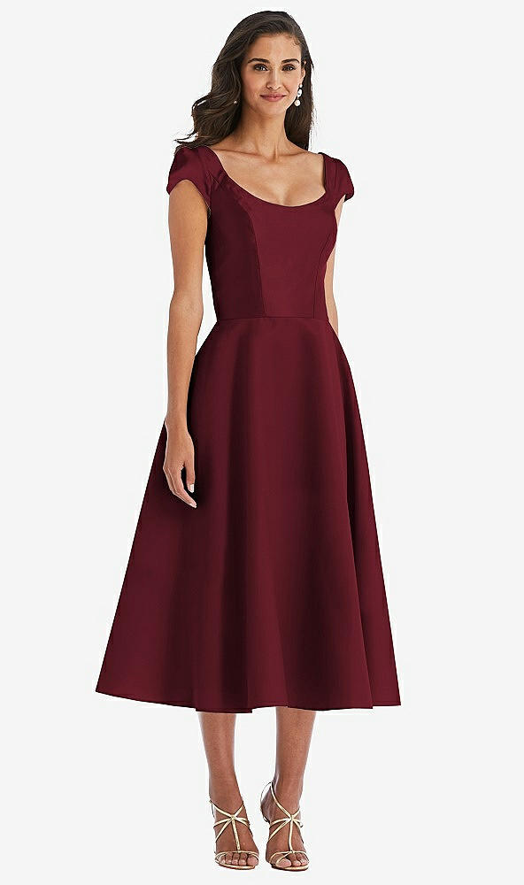 Front View - Cabernet Puff Cap Sleeve Full Skirt Satin Midi Dress