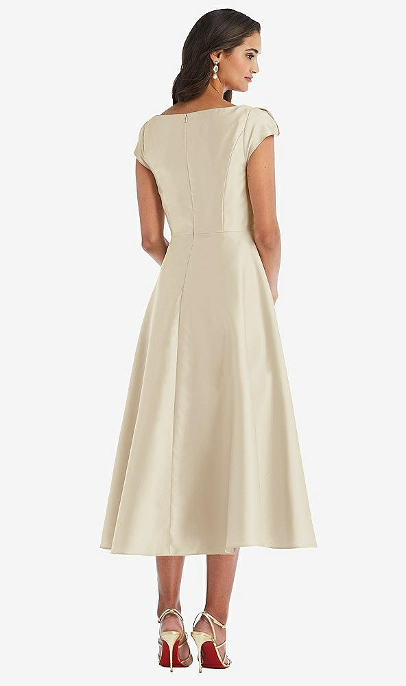 Back View - Champagne Puff Cap Sleeve Full Skirt Satin Midi Dress