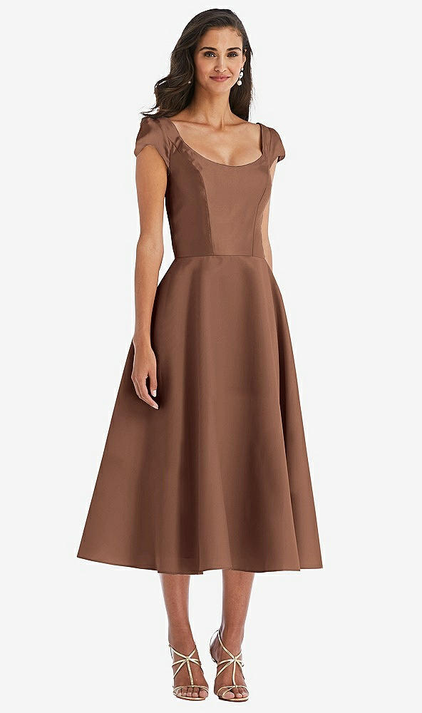 Front View - Cognac Puff Cap Sleeve Full Skirt Satin Midi Dress