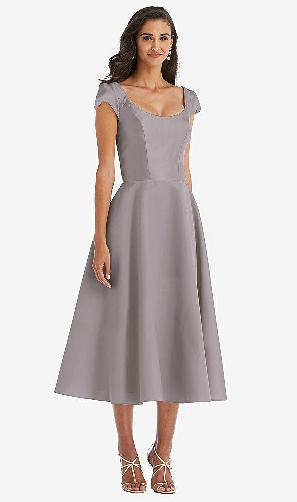 Front View - Cashmere Gray Puff Cap Sleeve Full Skirt Satin Midi Dress
