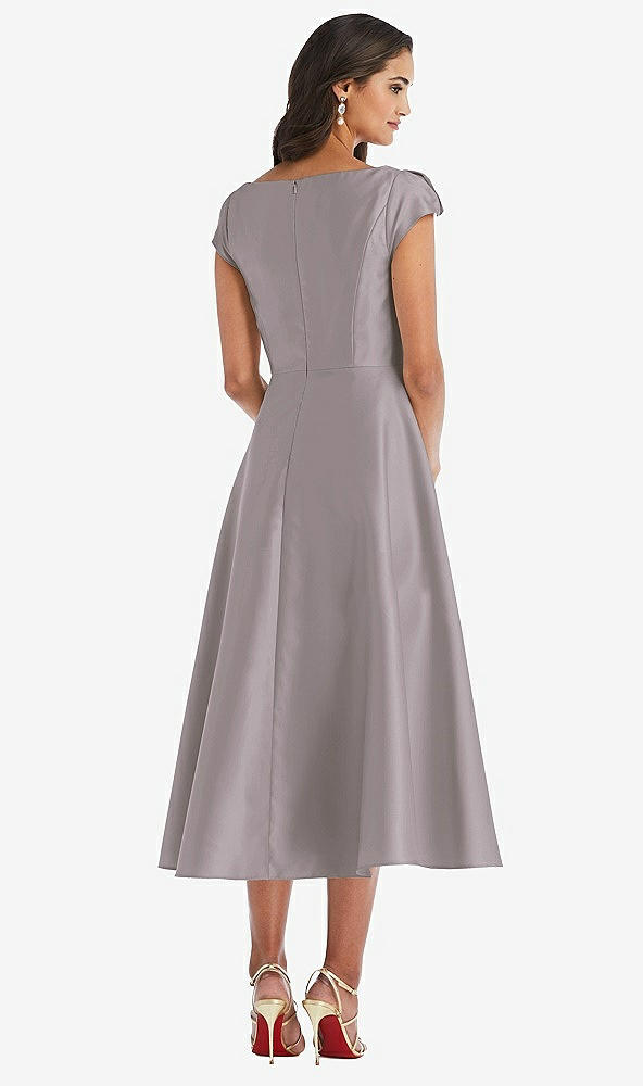 Back View - Cashmere Gray Puff Cap Sleeve Full Skirt Satin Midi Dress