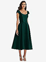 Front View Thumbnail - Evergreen Puff Cap Sleeve Full Skirt Satin Midi Dress