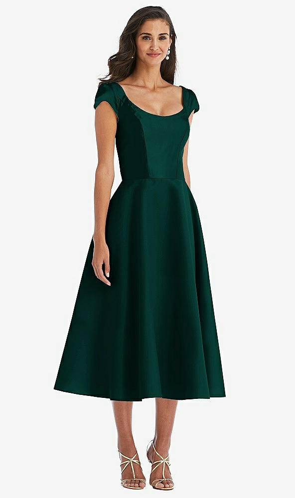 Front View - Evergreen Puff Cap Sleeve Full Skirt Satin Midi Dress
