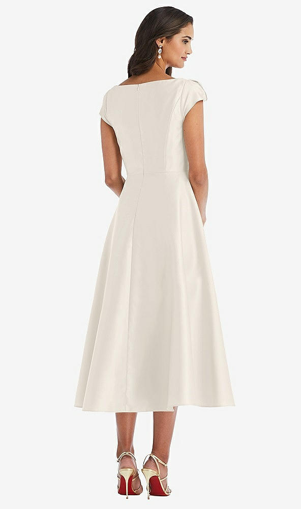 Back View - Ivory Puff Cap Sleeve Full Skirt Satin Midi Dress