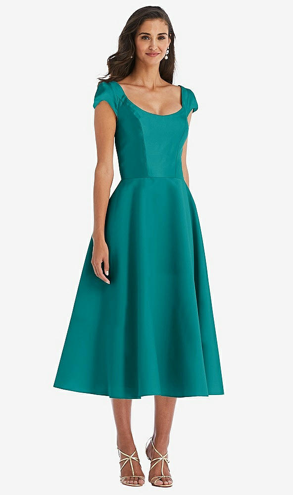 Front View - Jade Puff Cap Sleeve Full Skirt Satin Midi Dress