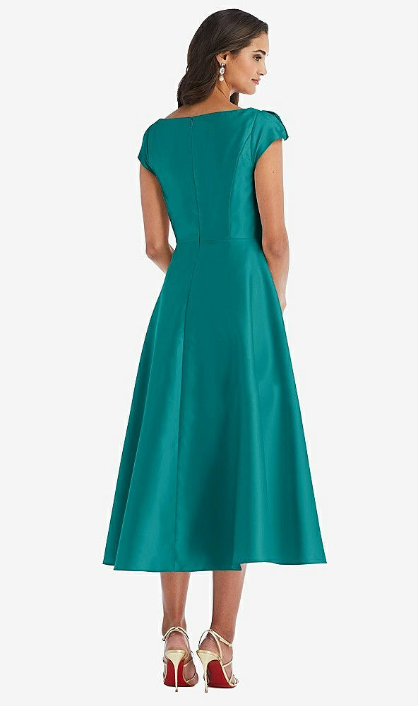 Back View - Jade Puff Cap Sleeve Full Skirt Satin Midi Dress