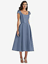 Front View Thumbnail - Larkspur Blue Puff Cap Sleeve Full Skirt Satin Midi Dress
