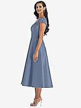 Side View Thumbnail - Larkspur Blue Puff Cap Sleeve Full Skirt Satin Midi Dress
