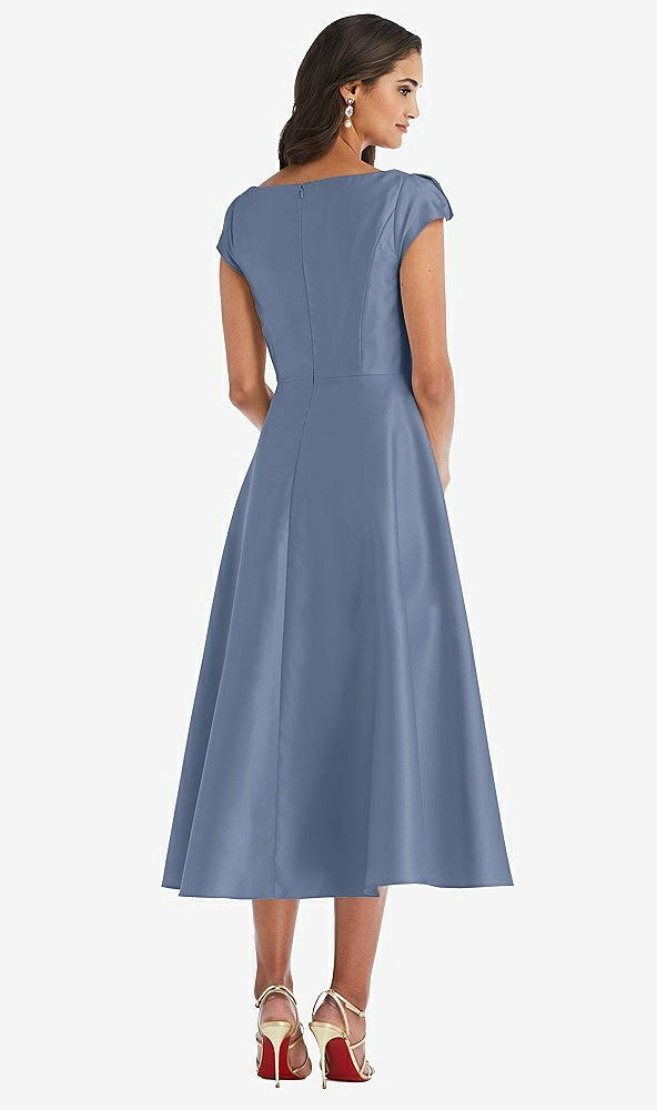 Back View - Larkspur Blue Puff Cap Sleeve Full Skirt Satin Midi Dress