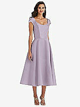 Front View Thumbnail - Lilac Haze Puff Cap Sleeve Full Skirt Satin Midi Dress