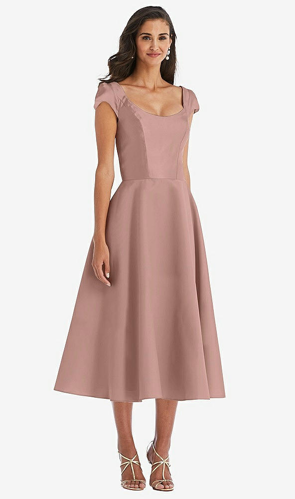 Front View - Neu Nude Puff Cap Sleeve Full Skirt Satin Midi Dress