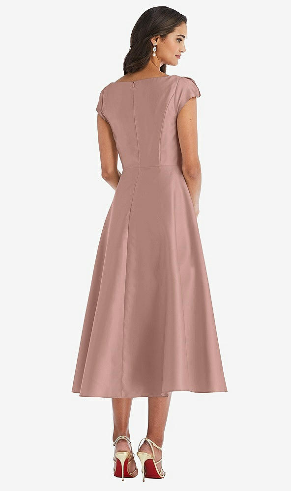 Back View - Neu Nude Puff Cap Sleeve Full Skirt Satin Midi Dress