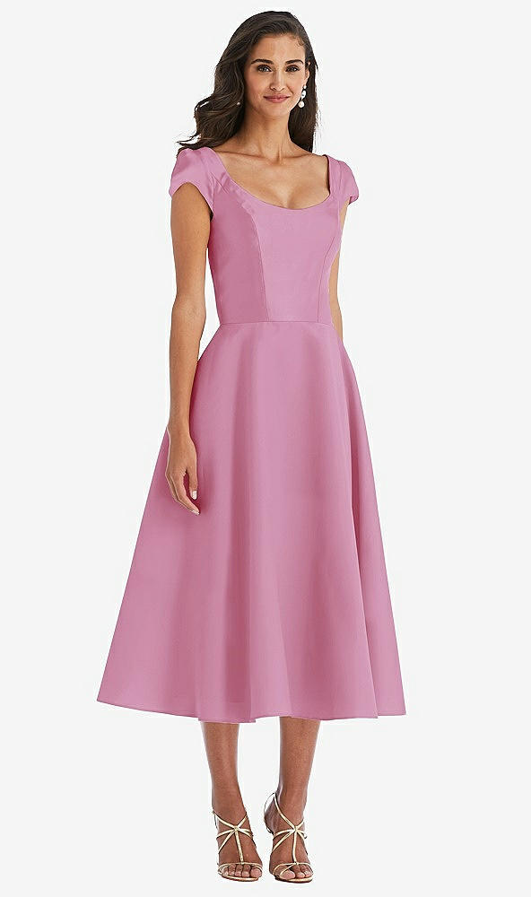 Front View - Powder Pink Puff Cap Sleeve Full Skirt Satin Midi Dress