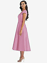 Side View Thumbnail - Powder Pink Puff Cap Sleeve Full Skirt Satin Midi Dress