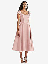 Front View Thumbnail - Rose Puff Cap Sleeve Full Skirt Satin Midi Dress