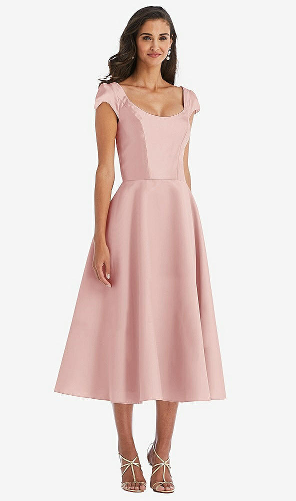 Front View - Rose Puff Cap Sleeve Full Skirt Satin Midi Dress