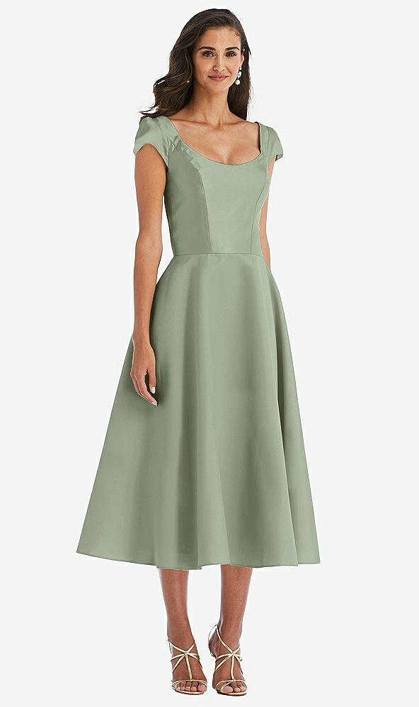Front View - Sage Puff Cap Sleeve Full Skirt Satin Midi Dress