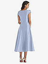 Rear View Thumbnail - Sky Blue Puff Cap Sleeve Full Skirt Satin Midi Dress