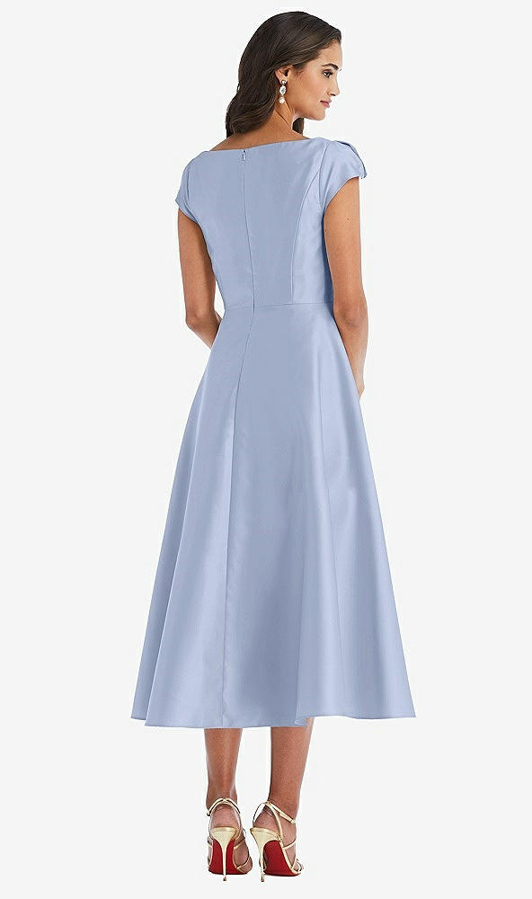 Back View - Sky Blue Puff Cap Sleeve Full Skirt Satin Midi Dress