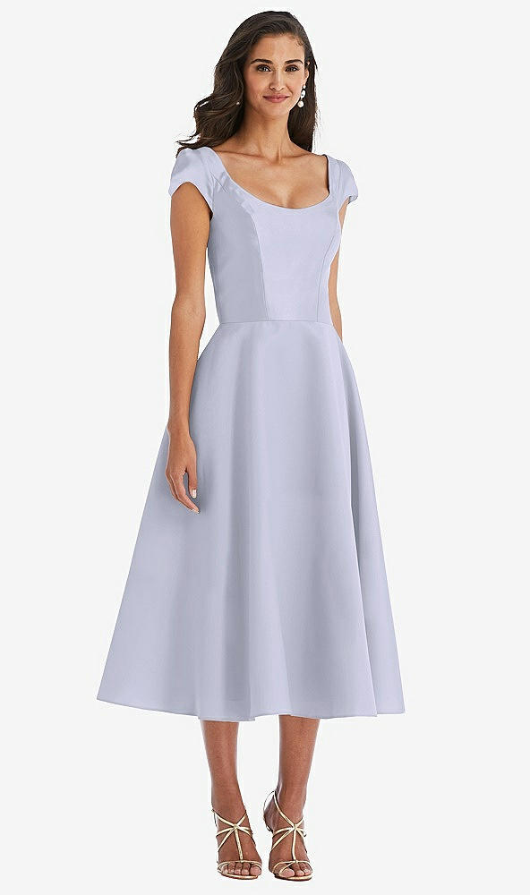 Front View - Silver Dove Puff Cap Sleeve Full Skirt Satin Midi Dress